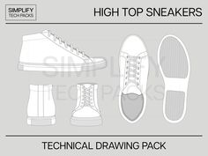 the technical drawing pack includes high top sneakers and lace - up shoes, all in white