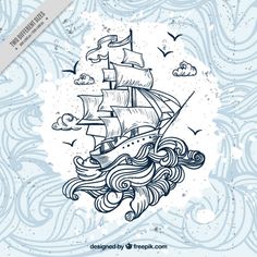 an old sailing ship with waves and birds on the water, drawn in ink by hand