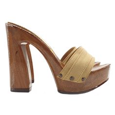 Brown Open Toe Clogs With 4-inch Heel, Beige High Heel Mules With Reinforced Heel, Beige High Heel Platform Clogs, Brown Clogs With Padded Block Heel, High Heel Wooden Platform Clogs, Beige High Heel Clogs With Stacked Heel, Beige Clogs With Stacked High Heel, High Heel Wood Mules With Stacked Heel, Brown High Heel Clogs With Deep Heel Cup