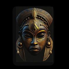 an african mask with gold and black designs on it's face, against a black background