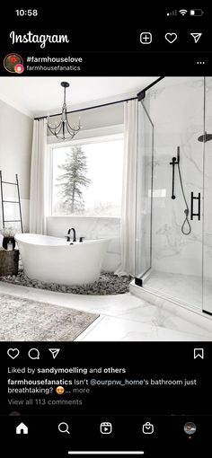 an instagram page with a bathtub and shower in the middle, surrounded by white marble