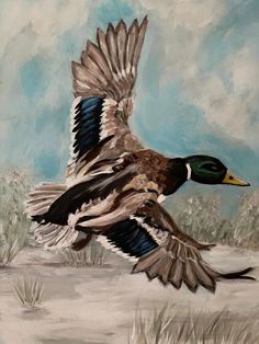 a painting of a mallard flying in the air