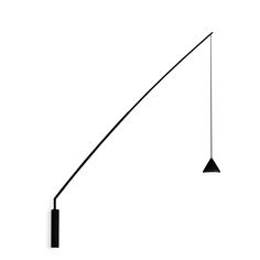 a black and white photo of a floor lamp on a white background with one light hanging from the ceiling