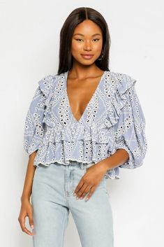 Chambray Eyelet Ruffle Crop Top Boho Boutique, Puff Sleeve Crop Top, Bohemian Tops, Ruffle Crop Top, White Eyelet, Babydoll Top, Puff Sleeve Top, Boho Chic Fashion, Ruffle Top