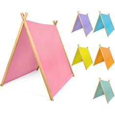 several different colored tents with wooden poles and handles on each side, all in different colors