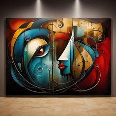 an abstract painting on display in a room