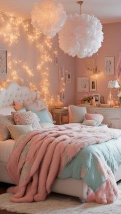 a bedroom decorated in pastel colors and lights