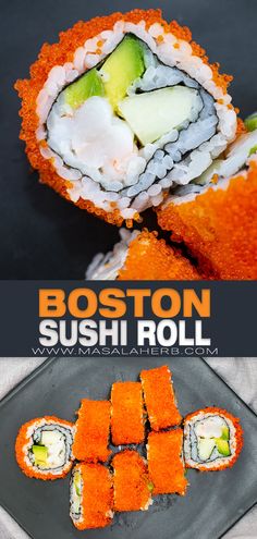 the sushi roll is cut in half and ready to be eaten