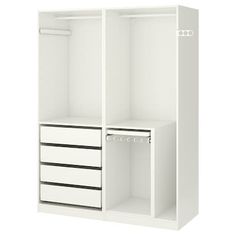 an open white closet with drawers and shelves on the bottom shelf, isolated against a white background