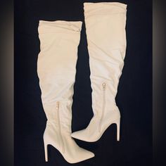 Never Worn! Competitive, Negotiable Price Fitted Cream Knee-high Boots For Fall, Chic Thigh High Heeled Boots For Spring, Fitted Cream Knee-high Heeled Boots, Chic Cream Fitted Knee-high Boots, Chic Fitted Cream Knee-high Boots, Chic Beige Thigh-high Boots, Chic Beige Thigh High Boots, Chic Synthetic Thigh High Boots, Chic Thigh High Synthetic Boots