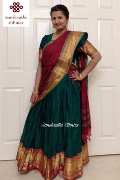 "SOUTH INDIAN NARAYANPET COTTON ZARI BORDER LANGA VONI / HALF SAREE Fabric: Narayanpet cotton with zari border Set type: Skirt, Blouse And Dupatta Dupatta width: 2.25 meter Skirt flare: 3 meter Bottom Print or Pattern Type: Solid The name \"Narayanpet\" is because these sarees are weaved in the town names as Narayanpet which is location in the Indian state of Telangana. So the name of the dress also goes by the town name too. The speciality of this fabric is it is a pure cotton naturally dyed ha Narayanpet Half Saree, Narayanpet Half Sarees, Trending Gowns, Gowri Ganesha, Langa Voni Half Saree, Saree South Indian, Langa Voni, Town Names, Skirt Blouse