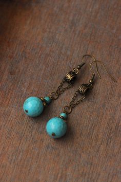 Unique Brass Turquoise Earrings Blue Turquoise Stone Earrings - Etsy Turquoise Teardrop Earrings With Faceted Beads, Vintage Turquoise Earrings With Round Beads, Turquoise Faceted Bead Earrings, Adjustable Turquoise Earrings With Faceted Beads, Turquoise Round Beaded Earrings With Ear Wire, Vintage Turquoise Beaded Drop Earrings, Turquoise Earrings With Faceted Beads, Turquoise Stone Earrings, Vintage Style Earrings