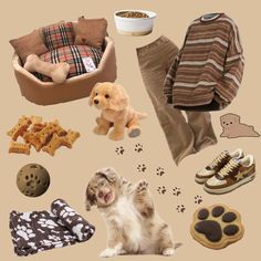 a collage of dog related items including shoes, sweaters, and other things