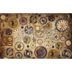 a clock made out of various gears on a brown and beige background with black accents