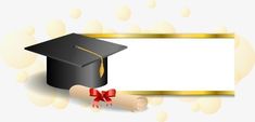 a graduation cap and diploma scroll on a white background with gold circles around the edge