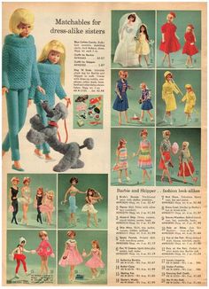 an advertisement for barbie dolls from the 1950's, featuring various outfits and accessories