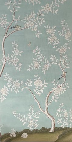 Chinoiserie Hand Painted Floral Wallpaper on Blue Tea Paper Panel 36"x72"/Panel on Chairish Japanese Print Wallpaper, Floral Wallpaper Wall, Blue Wallpaper Mural, Bedroom With Flower Wallpaper, Chinoiserie Pattern Design, Hand Painted Chinoiserie Mural, Antique Paintings On Wall, Blue Wallpaper House, Teal Chinoiserie Wallpaper