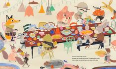 an illustration of people eating at a table surrounded by animals and other things on the table