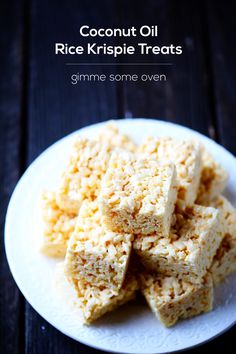 coconut oil rice krispie treats on a white plate