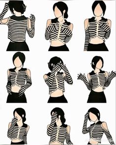 various poses of a woman with black and white stripes on her shirt, in different ways