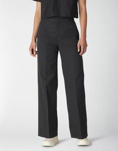 Rooted in retro workwear styling from the Factory era of the 1940s and 1950s, the Women's Wide Leg Work Pants features archival fabrication with a modern silhouette to recapture the character of the American worker. As part of the Clean Utility Core Collection, these wide leg work pants offer straightforward styling in a stonewash for a softer hand feel. The contoured waistband ensures a flattering fit with a high rise that sits right under the navel, perfect to pair with the Relaxed Cropped Wor Wide Leg Work Pants, Work Pants Women, Dickies Women, Dickies Pants, Leg Work, Lifestyle Clothing, Work Shirts, Work Pants, Work Outfit