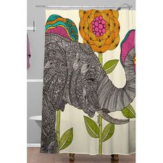 a shower curtain with an elephant and flowers on the outside, in front of a white background