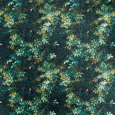 a green and yellow leafy pattern on a black background with oranges, browns and greens