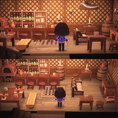 an animal crossing game is shown in two separate screens, one showing the dining room