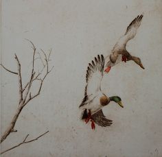 two birds flying next to each other on a white surface with trees in the background