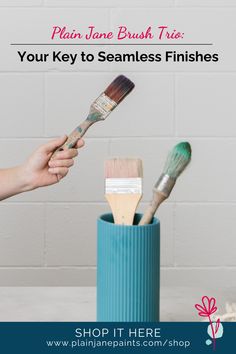 someone is holding paintbrushes in a blue trash can with the words, plain jane brush tips your key to seamless finishes