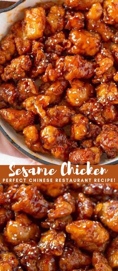 sesame chicken in a white dish with the words sesame chicken on top and below it