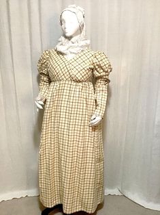 Regency Day Dress- 40-41 bust - Yellow Checked day dress with white chemisette and convertible sleeves This is an attractive day dress style, straight out of an 1812 fashion plate, ready for dressing up with accessories, plain or fancy!  This is a lovely example of everyday fashion. The fabric is washable cotton in a checked pattern with yellow and brown tones on a cream ground.   The bodice is short, fitting the look of a regency bustline and would work with early 19th century stays or modern u Fitted Prairie Dress With Gathered Sleeves, Long Sleeve Cotton Dresses With Historical Design, Long Sleeve Cotton Dress With Historical Design, Classic Fitted Long Sleeve Prairie Dress, Cotton Long Sleeve Dresses With Historical Design, Elegant Fitted Prairie Dress With Gathered Sleeves, Elegant Cotton Dresses With Bishop Sleeves, Historical Long Sleeve Daywear Dress, Historical Long-sleeve Day Dress