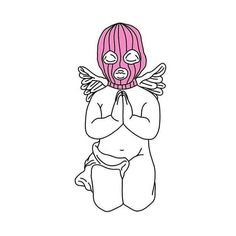 a girl with pink hair and angel wings covering her face