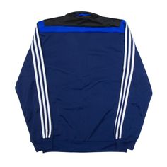 Item is in good used condition. >Size: S >Armpit To Armpit: 20" >Armpit To Cuff: 20" >Collar To Hem: 27" Blue Streetwear Outerwear With Three Stripes, Blue Stripe Outerwear For Streetwear, Blue Adidas Long Sleeve Outerwear, Blue Track Jacket With Three Stripes Branding, Blue Adidas Long Sleeve Track Jacket, Blue Sportswear Track Jacket With Three Stripes, Blue Track Jacket With Ribbed Cuffs For Streetwear, Urban Style Blue Track Jacket For Sports, Blue Sporty Track Jacket With Ribbed Cuffs