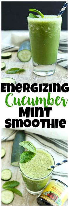 a green smoothie with cucumber and mint in it