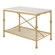 a white marble top coffee table with gold metal legs and an open shelf on the bottom