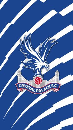 the crystal palace f c logo on a blue and white striped background with an eagle