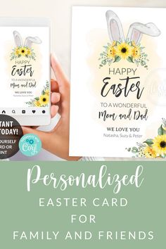 two cards with the words, personalized easter card for family and friends