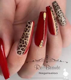 Nails 2023 Trends Bling, Red Leopard Nail Designs, Red Nails Leopard Print, Christmas Leopard Nails, Nail Designs With Red, Red Animal Print Nails, Red Leopard Nails, Red Leopard Print Nails, Animal Print Uñas