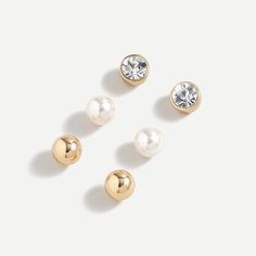 Shop J.Crew for the Gold and pearl earrings three-pack for Women. Find the best selection of Women Jewelry available in-stores and online. Gold And Pearl Earrings, Men's Suits, Dresses Shoes, Jewelry Bags, Gold Beads, Gold Accents