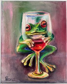 a painting of a frog sitting on top of a glass with red eyes and mouth