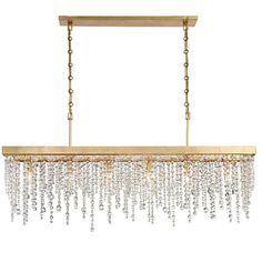 a large chandelier hanging from the ceiling with crystal beads on it's sides