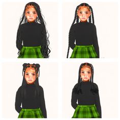 four different views of a girl with braids wearing a black shirt and green plaid skirt