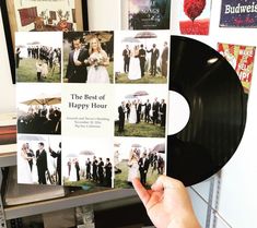 a person holding up a black vinyl record with pictures on it and the words, the best of happy hour