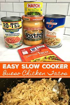 Photo of the ingredients for Slow Cooker Queso Chicken Tacos and a photo of the chicken after cooking in the crock pot. Slow Cooker Queso Chicken, Queso Chicken Tacos, Slow Cooker Queso, Chicken Tacos Easy, Slow Cooker Recipe, Taco Night, Think Food