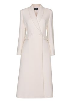 Elegant coat dress in gorgeous wintery ivory cashmere wool with fitted waist, quarter pockets and finished with beautiful handmade braid buttons in matching ivory. Extremely soft and guaranteed to keep you warm during the cold winter months. Fabric Composition: 80% Wool; 20% Cashmere Dry Clean Only. Made in London. Coat Dresses For Women, Women Coat Outfit, Dress Coat Outfit, Raw Silk Dress, Coat Styles, Black Dress Coat, Woman Coat, Winter Coat Dress, Taupe Dress