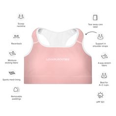 Get the perfect bra for your workouts! This comfy lovable cuties pink bra has a soft moisture-wicking fabric, extra materials in shoulder straps, and removable padding for maximum support. • 82% polyester, 18% spandex • Fabric weight: 6.78 oz/yd² (230 g/m²), weight may vary by 5% • Sports mesh lining: 92% polyester, 8% spandex • Padding: 100% polyurethane perforated foam and 100% polyester moisture-wicking fabric • Four-way stretch material • Scoop neckline and racerback • Support material in shoulder straps, and a wide elastic under breasts • Best for A–C cups • Removable padding included • Mesh lining with slits for removing paddings • Flat seams and bias binding that eliminate rubbing This product is made especially for you as soon as you place an order, which is why it takes us a bit l Bias Binding, Perfect Bra, Padded Sports Bra, Pink Bra, Moisture Wicking Fabric, Spandex Fabric, Scoop Neckline, Shoulder Straps, Moisture Wicking