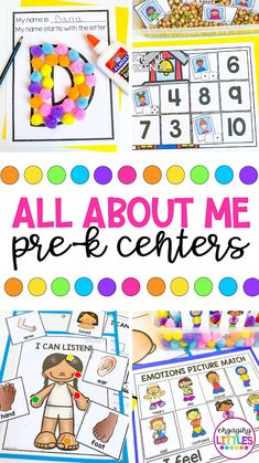 all about me pre - k centers with pictures and text