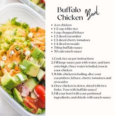 the recipe for buffalo chicken salad in a plastic container is shown with instructions to make it