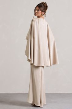 Yasie Champagne Satin Plunge-Neck Maxi Dress With Cape Sleeves – Club L London - USA Champagne Maxi Dress, Dress With Cape Sleeves, Plunge Neck Maxi Dress, Dress With Cape, Club L London, Wedding Shoes Bride, Glam Outfit, Black Dress Prom, Black Tie Gala